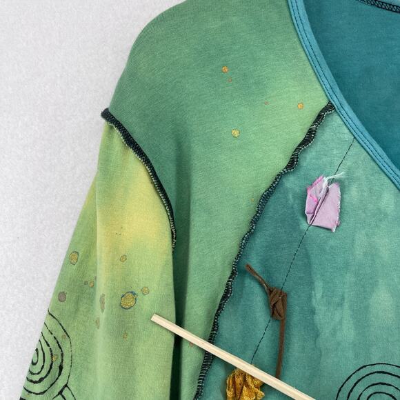 BREAD Top Womens L 3/4 Sleeve Patchwork Lagenlook Tie Dye Asymmetric Green - Picture 12 of 16